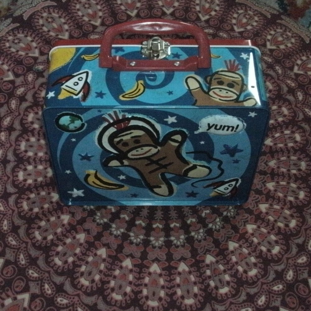 Retro Vintage 2008 Cute Sox Sock Monkey Tin Lunch Box By Schylling 6x7.5x3 1/4